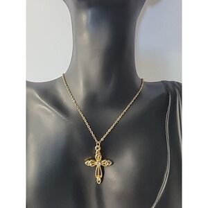 Vintage‎ Gold Tone Cross Pendant Necklace White Rhinestones Delicate Faith